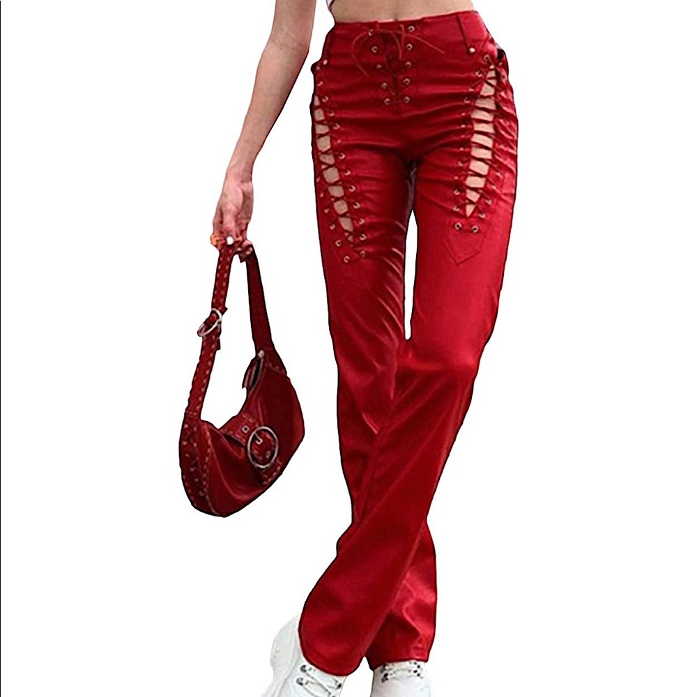 Lace-Up Faux Leather High Waisted Pants
